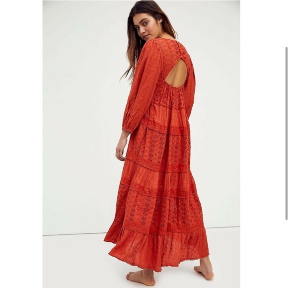 FREE PEOPLE MOCKINGBIRD EYELET TIERED MAXI DRESS SMALL - Picture 2 of 4